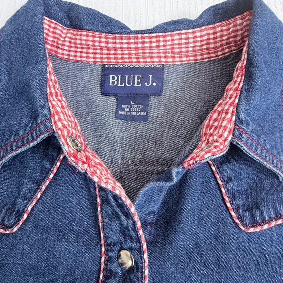 Blue J Womens Denim Maxi Dress L Blue Western Snap Front Gingham Trim Cotton - Picture 4 of 9